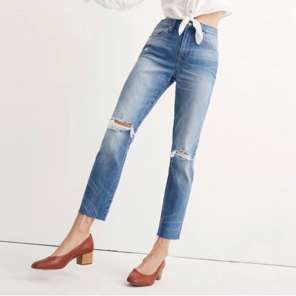 Madewell High Rise Slim Crop Boyjean ripped straight blue jeans size 26